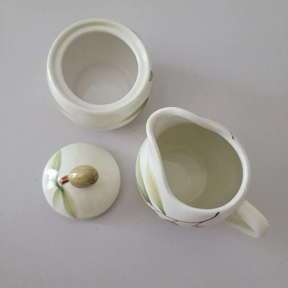 Nicoise by HOME Ceramic Sugar Bowl and Creamer Olive and Leaves Theme Set of 2 - Picture 6 of 7